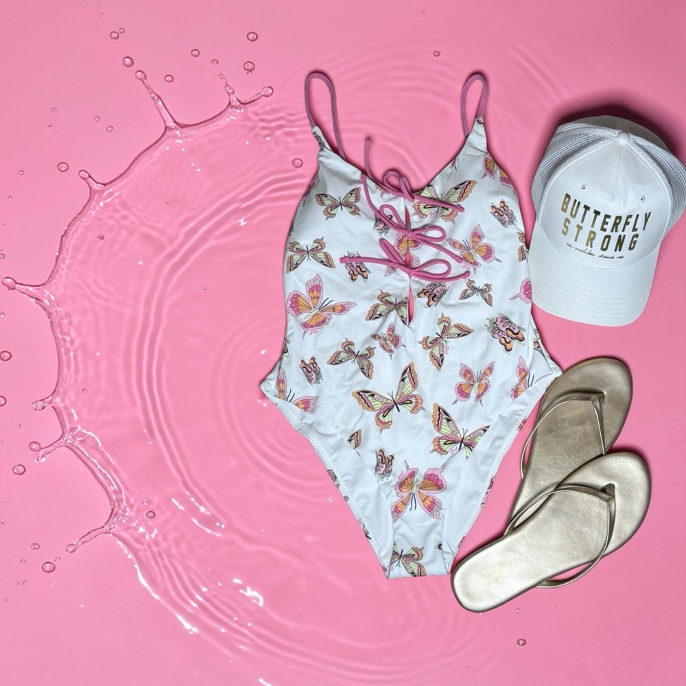 PINK Victoria's Secret Butterfly Print One Piece Swimsuit - White and Pink